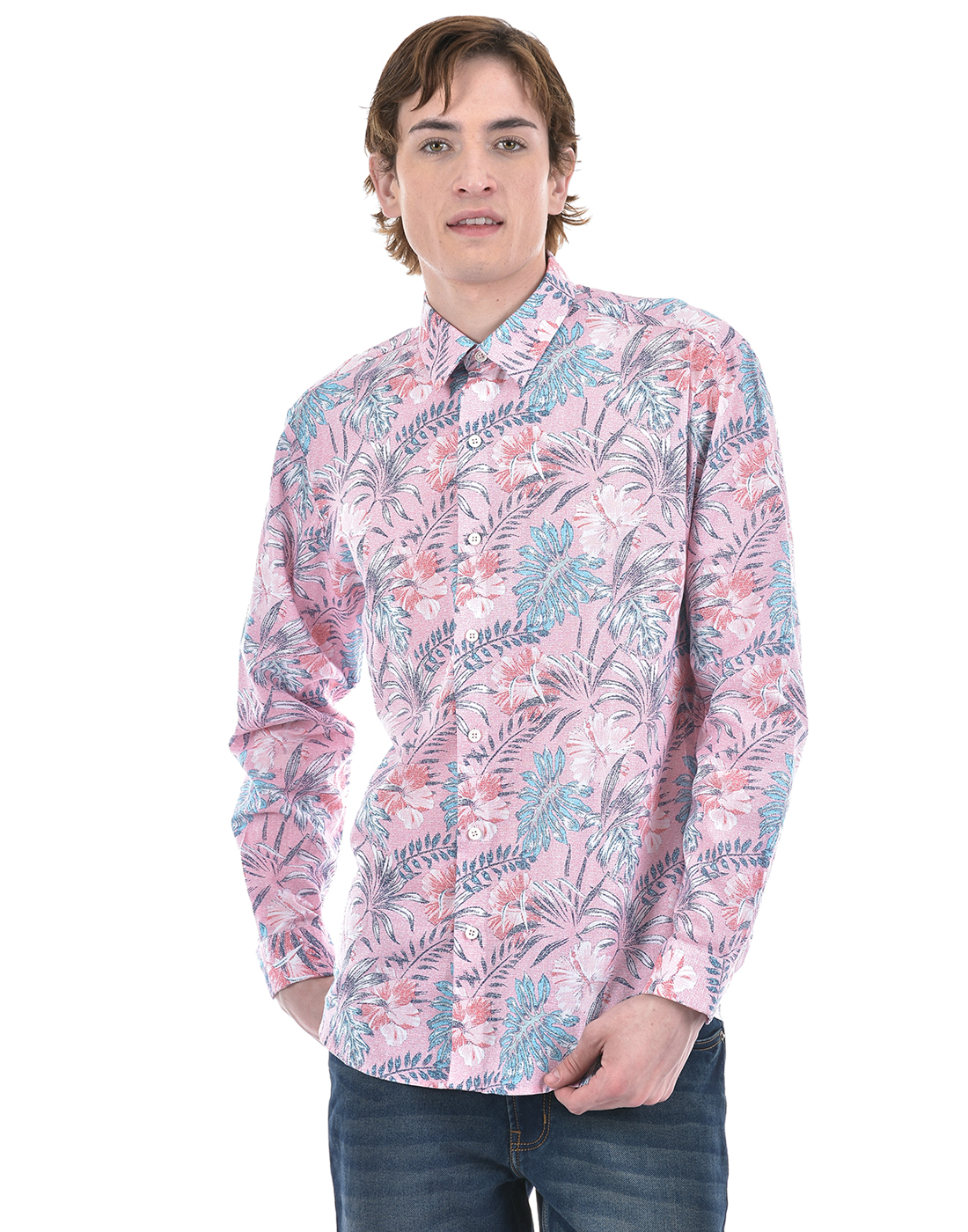 Numero Uno Men Tropical Print Pink Shirt